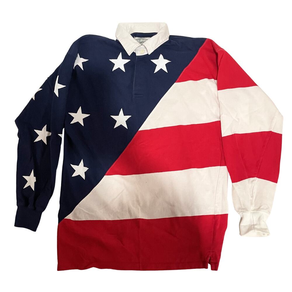 Vintage 90s Britches Great Outdoors American Flag Rugby Shirt Large USA Prep